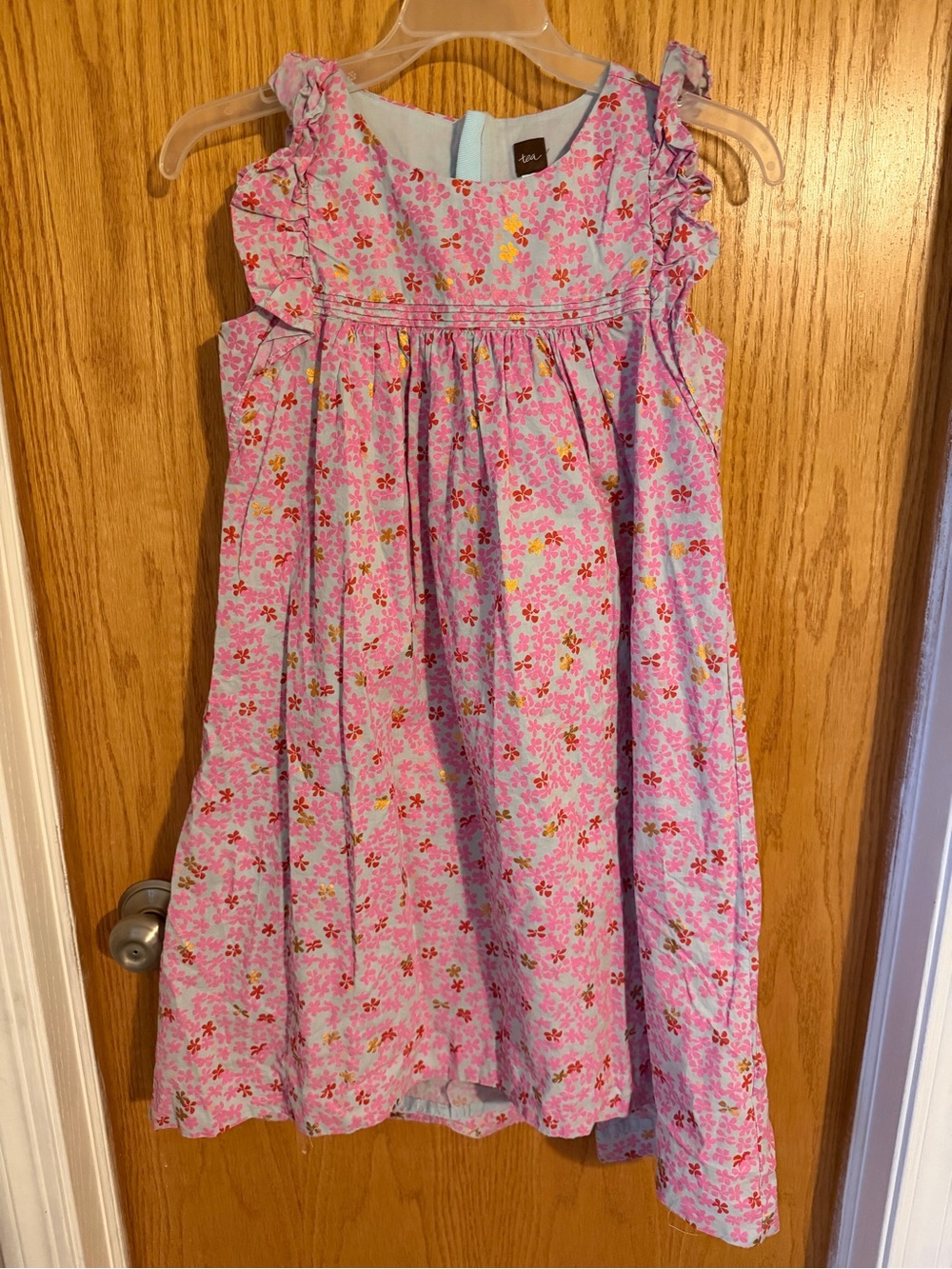Girls Pink Floral Ruffle Shoulder Dress